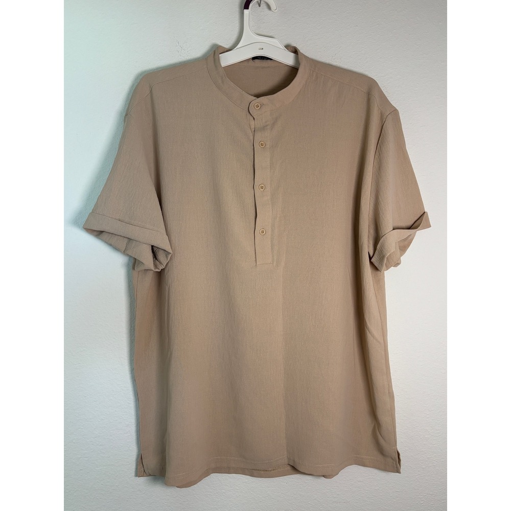 Coofandy Mens Tan Beige Short Sleeve Henley Band Collar Shirt Large